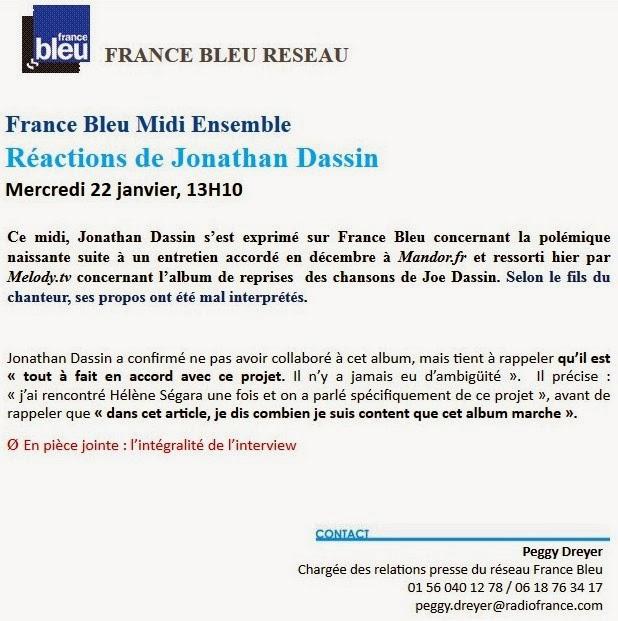 Jonathan DASSIN : "Hélène SÉGARA n'est pas le Joe DASSIN féminin" (màj)